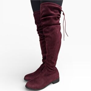 Ollio Burgundy Faux Suede Over The Knee Boots Slouchy Tie Back Women Size US 11